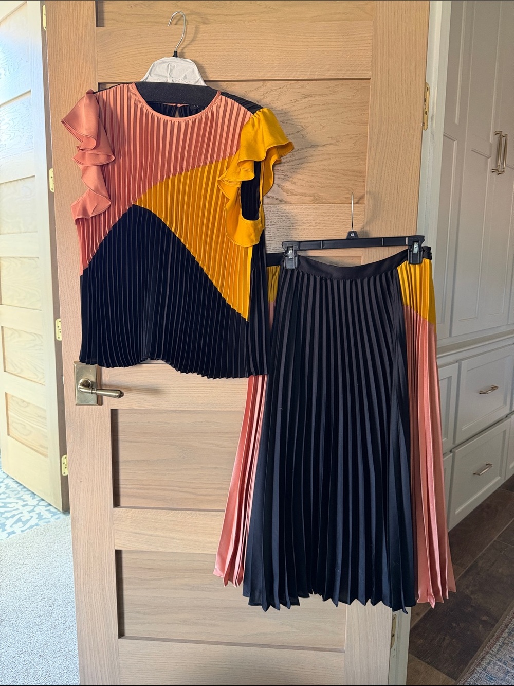 1. State Colorblock Pleated Maxi Pleated Skirt & Top Set in Black, Pink & Yellow